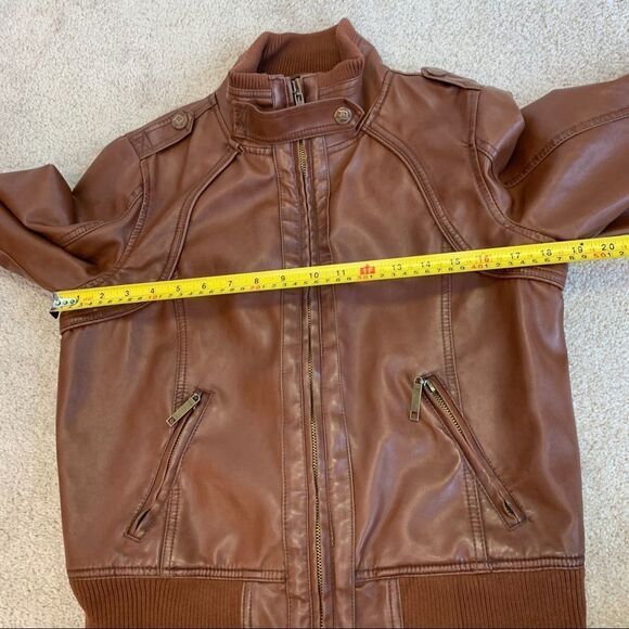 DOLLHOUSE Brown faux leather vegan high neck Moto jacket Sz L - Picture 10 of 11